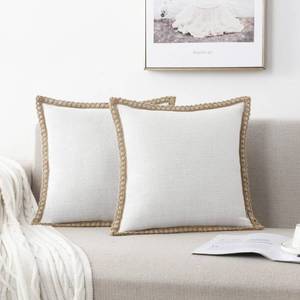 lot 8150 image: Set of 2 Farmhouse Throw Pillow Covers - Burlap Linen Trimmed Tailored Edges Decorative Cushion Covers for Bed Home Decoration, 16 X 16