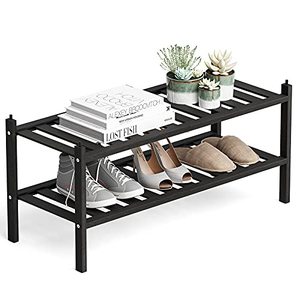 lot 9571 image: Dranixly Shoe Rack, 2-Tier Bamboo Stackable Shoe Shelf Storage Organizer, Shoe Stand for Closet, Entryway and Hallway ��Black��
