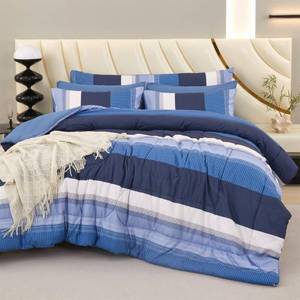 lot 9576 image: RYNGHIPY Navy Blue Comforter Set Full Size 8 Pieces Bedding Set Colorblock Stripe Lightweight Soft All Season Comforter Sets with Sheets Pillowcases (Full,Navy)