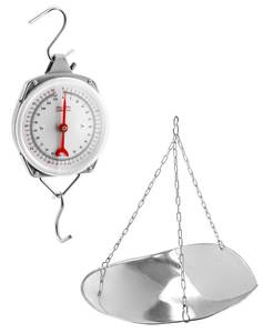 lot 9583 image: QWORK 110 lbs Large Display Spring Dial Weight Scale & Scale ScoopChain with Hanging Cradle, Steel Construction, for Shopping, Traveling, Kitchen, Silver