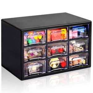 lot 9586 image: Desk Storage Organizer with 9 Drawers, FODIENS Stackable Desktop Craft Drawer Cabinet, Clear Storage Box Caddy for Makeup Jewelry Office Craft Supplies (9.84�6.3�5.9in) (Black)