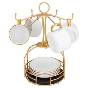 lot 9602 image: Axioglo 2024 Mug Holder Tree, 6 Hooks Coffee Cup Holder with Dish Storage Base for Mug Storage and Coffee Bar Accessories - Gold