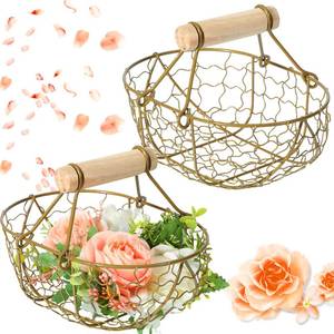 lot 9616 image: Hoolerry 2 Pcs Wedding Flower Girl Baskets Small Rustic Flower Basket Wedding Metal Basket with Handle Tiny Petal Basket for Flower Girl Kid Wedding Home Decor, 7.09 x 4.72 x 4.92 Inch (Gold)