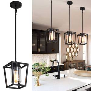 lot 9636 image: SGLfarmty 1-Light Black Pendant Lights Kitchen Island, Farmhouse Cage Metal Hanging Light Fixtures with Glass Shade��Adjustable Lantern Pendant Lighting for Dining Room, Entryway, Hallway