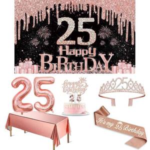 lot 10025 image: Birthday 25th Decorations for Women with 25th Birthday Banner, Rose Gold Tablecloth, 25 Number Balloons, 25th Birthday Sash and Tiara, Birthday Cake Topper and Candles 25