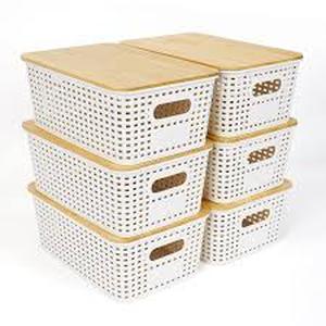 lot 8218 image: A pack Of 6 Plastic Storage Baskets With a Bamboo