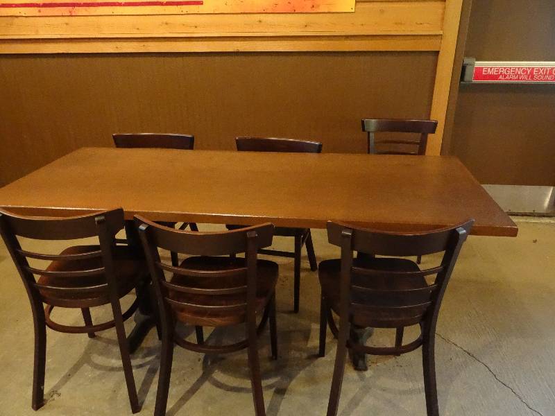 lot 2886 image: Restaurant Table - Wood Top w 2 Metal Bases