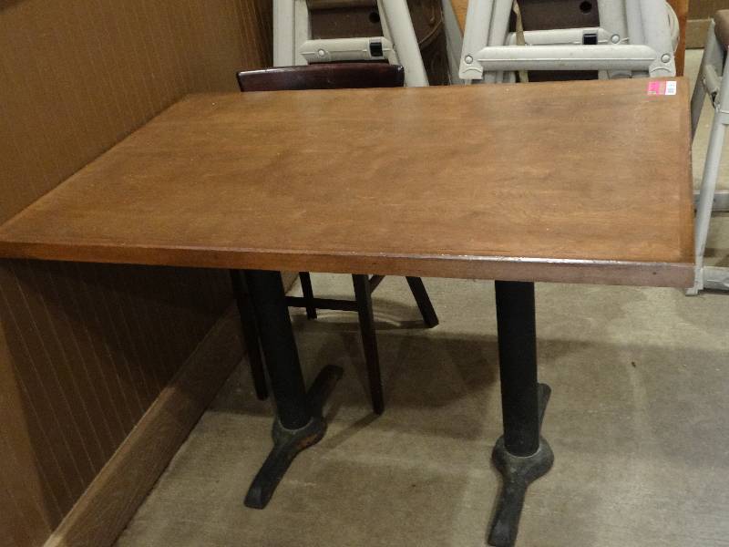 lot 2873 image: Restaurant Table - Wood Top w 2 Metal Bases