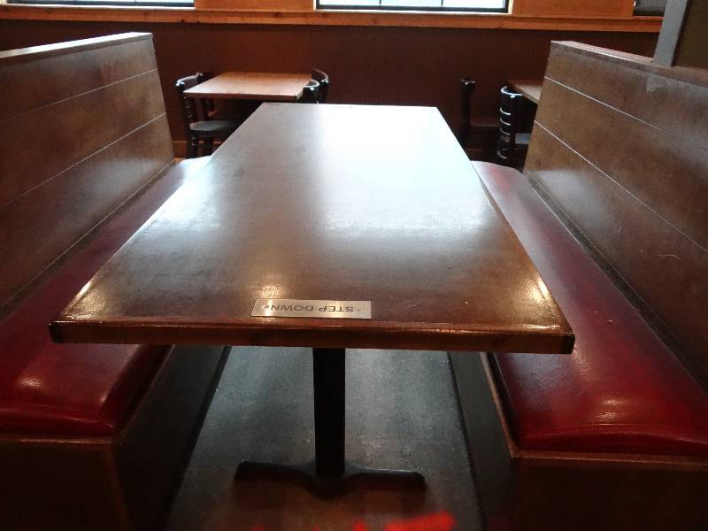 lot 2885 image: Restaurant Table - Wood Top w 2 Metal Bases