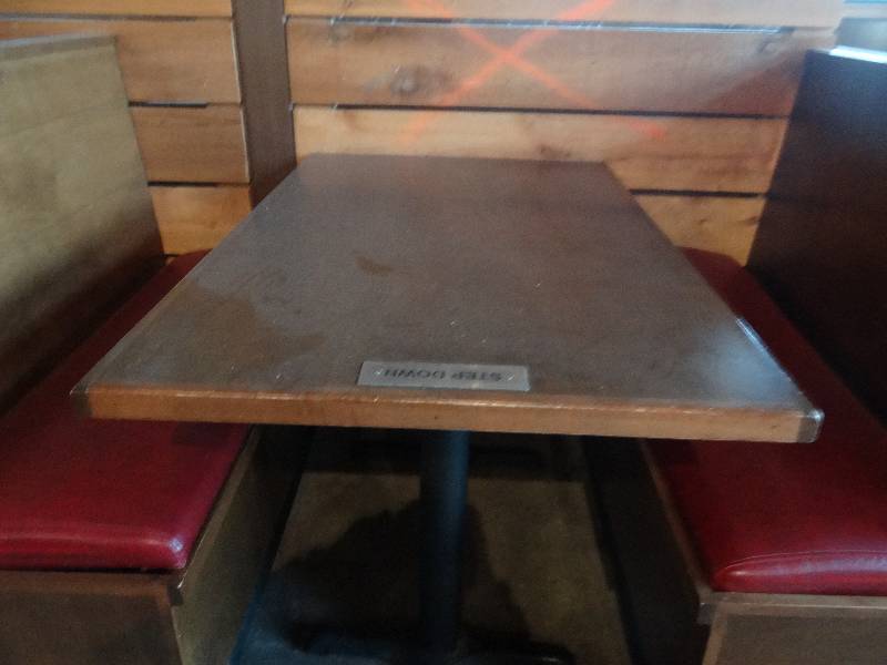 lot 2950 image: Restaurant Table - Wood Top w 2 Metal Bases