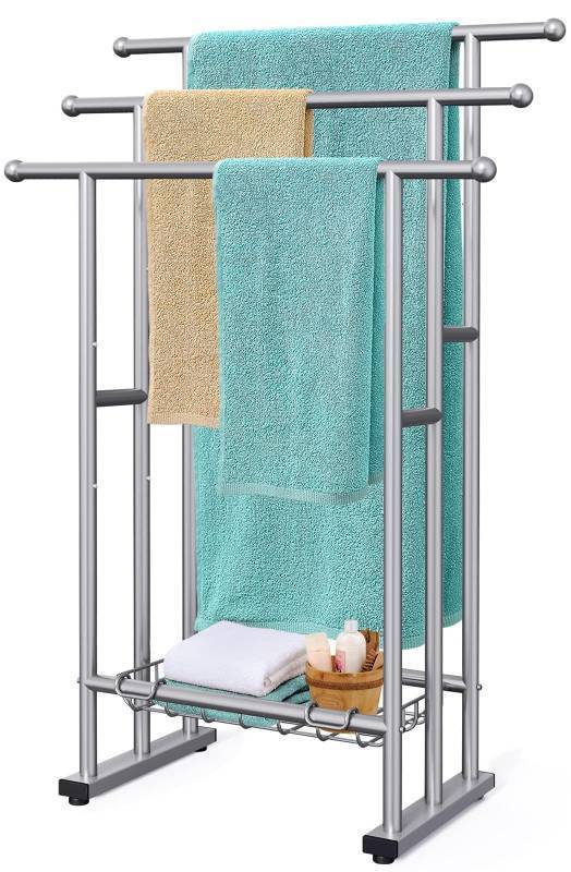lot 183772 image: 40 Tall Freestanding Towel Racks for Bathroom, 3 Tier Floor Towel Rack with Storage Basket, Blanket Ladder Drying and Display Rack for Large Bath & Hand Towel Outdoor Poolside (Silver)