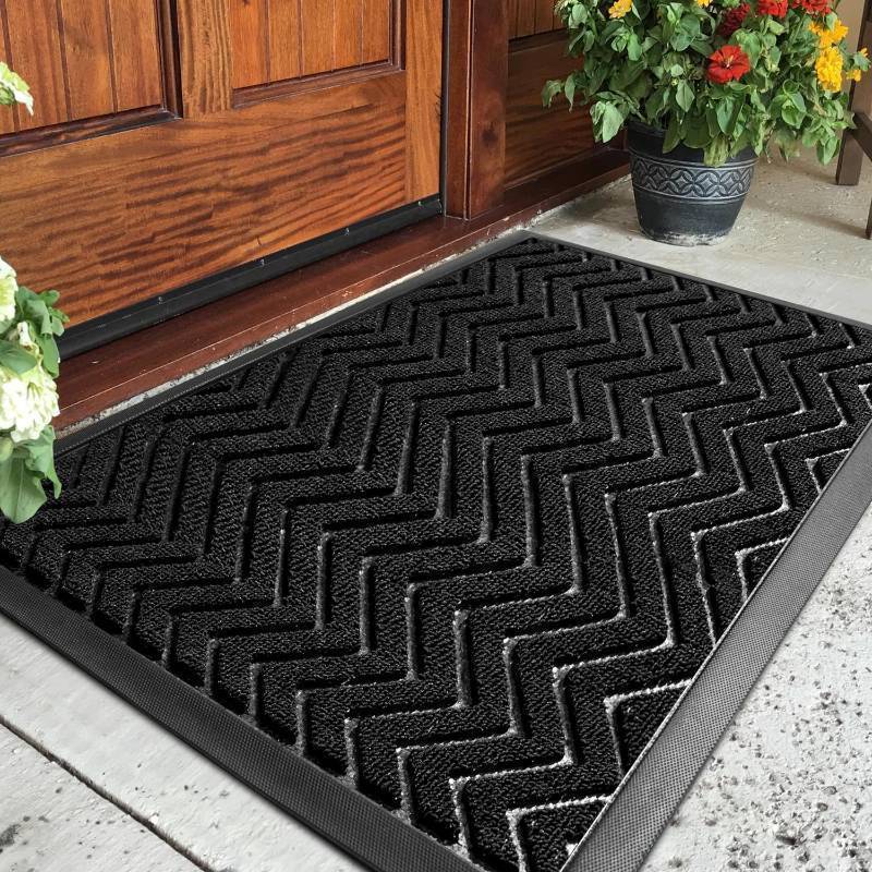lot 9185101 image: BAGAIL Front Door Mat, Heavy Duty Durable Doormat, All-Weather Entryway Mats with Non-Slip Natural Rubber Backing, Indoor Outdoor, Dirt and Fade Resistant, Easy Clean - 35x23.5, Black Wave