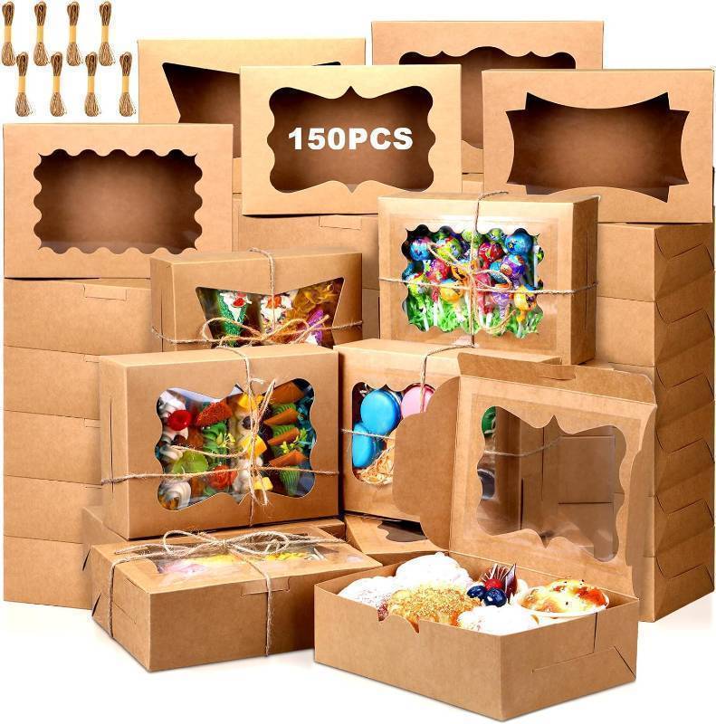 lot 9185106 image: Cholemy 150 Pcs 8 In Cookie Bakery Boxes with 5 Style 8x6x2.5 ��Inches Window Kraft Paper Pastry Boxes for Strawberries Donuts Muffins Cupcakes Dessert Treat Christma Party Favors Gift Packaging