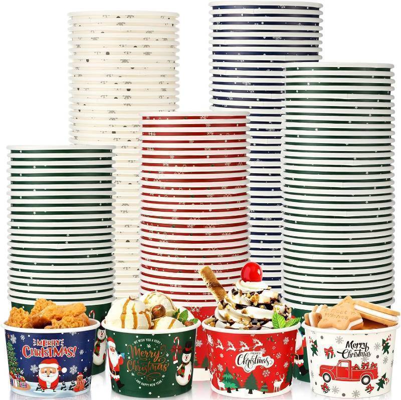 lot 9185109 image: Yaomiao 200 Pcs Christmas Paper Bowls Christmas Disposable Snack Bowls 9 oz Paper Ice Cream Cups Xmas Soup Bowls Paper Cups Bulk Paper Dessert Cups for Christmas Party Supplies, Hot or Cold Food