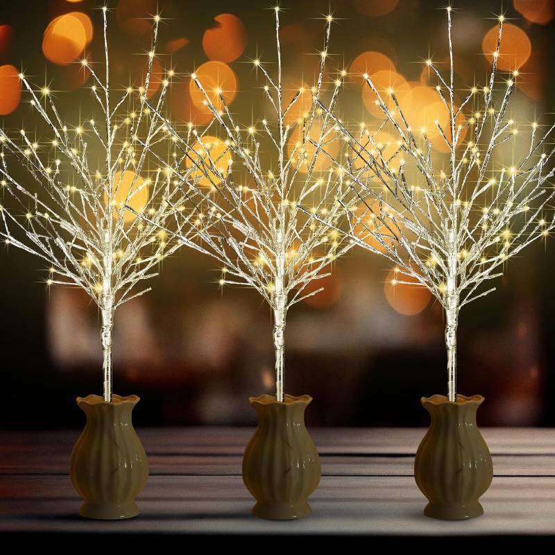 lot 9280105 image: Ganeen 3 Pcs 39 Inch Lighted Birch Branches, Outdoor Silver Taped Bush with 144 LED Warm White Lights, Willow Birch Branch Lights for Christmas Fireplace Lawn and Yard Decoration