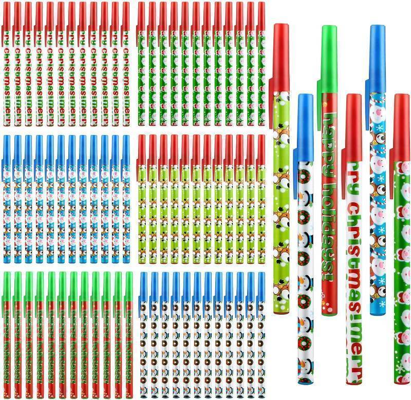 lot 9280111 image: Woanger 200 Pcs Christmas Stick Pens Bulk Novelty Holiday Ballpoint Pens Xmas Santa Elk Snowman Stick Pens for Christmas Home School Classroom Party Gift