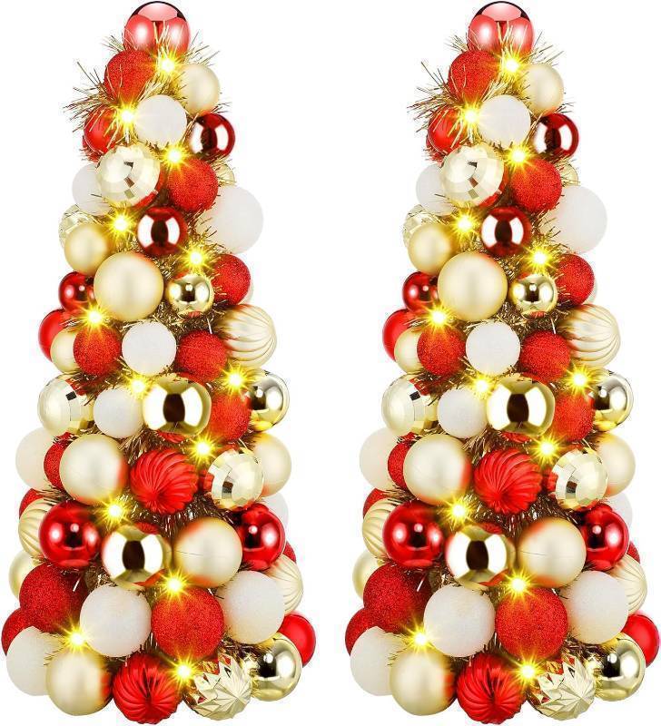 lot 9280118 image: Yuxung 2 Pcs 16 Inch Christmas Ball Tree with 2 Led String Lights Mini Tabletop Cone Shaped Christmas Tree Ball Ornament Table Centerpiece for Xmas Holiday Room Decor(Red, White and Gold)