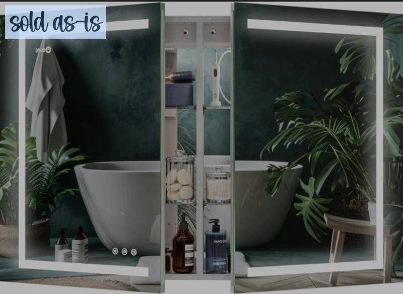 lot 230257 image: Retails $460 KRISTALLUM LED Lighted Medicine Cabinet Front &amp Backlit Dimmable Colours, Clock &amp Temp, USB Outlets