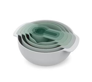 lot 186176 image: Joseph Joseph Nest 9 Plus, 9 Piece Compact Food Preparation Set with Mixing Bowls, Measuring cups, Sieve and Colander, Editions Range, Sage Green