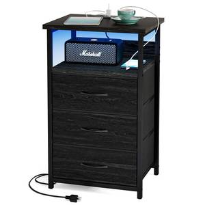 lot 186179 image: Fixwal Night Stand with Charging Station, LED Nightstand with Fabric Drawers, End Table with PU Finish, Bed Side Table, Black Oak