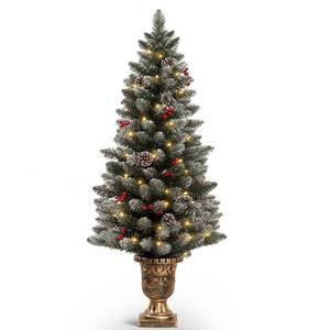 lot 186183 image: Decoway 4ft Christmas Tree Pre-Lit Artificial Mini Christmas Tree with Gold Pot Base, Flocked Snow 70 Warm White Led Lights Pine Cones Red Berries, for Entrances, Home Decorations Holiday Decor
