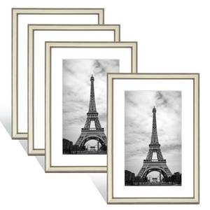 lot 186184 image: 8x10 Picture Frame Champagne Brushed Thin Modern Metal Set of 4, for Horizontal and Vertical Desk and Wall Mounting, Aluminum Floating Frames Fits 6x8 Photo with Mat or 8 X 10 Photos without Mats