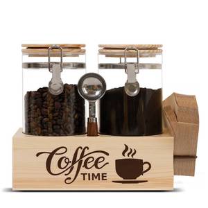 lot 186193 image: EQEY Glass Coffee Canister Set with Shelf & Spoon 2 Piece Coffee Containers for Ground Coffee Coffee Bean Storage Airtight Seal, Coffee Bar Accessories Coffee Filter Holder for Kitchen Organization