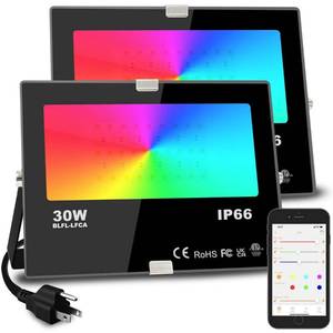 lot 186195 image: Led Flood Light 30W, 300W Equivalent 3000 LM Outdoor Color Changing Led Stage Landscape Lights, Bluetooth RGBW Smart Floodlights 2700K & 16 Million Colors&Timing& Music Sync, IP66US 3-Plug (2 Pack)