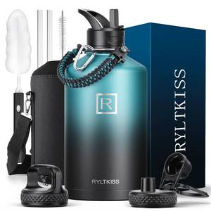 lot 186200 image: One Gallon Water Bottle Insulated with Straw&3 Lids, Non-BPA Keep Cold 48H Hot 24H, Water Jug Large Stainless Steel Metal Vacuum Wide Mouth for Sports, Gym or Office, IndigoBlack