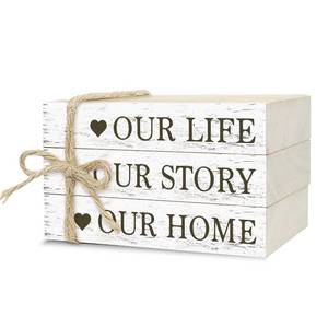 lot 186207 image: Decorative Books for Home Decor, Rustic Wood Book Stack for Table Decor, Our Life Our Story Our Home Decor Books for Living Room Bookshelf, Farmhouse Stacked Books Decor (L17)