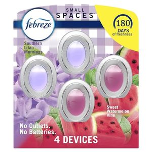 lot 186220 image: Febreze Small Spaces Air Freshener, Odor-Fighting, Plug In Alternative, for Home and Bathroom and Kitchen, Closet Air Fresheners, Sweet Watermelon Vine & Southern Lilac Mornings Scent, 4 Count