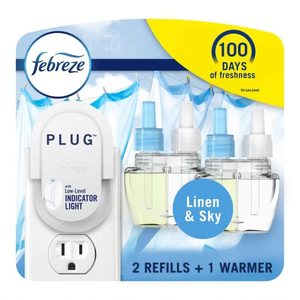 lot 186221 image: Febreze Plug In Air Freshener, Odor-Fighting Scented Oil Starter Kit, Air Fresheners for Home and Bathroom and Kitchen, Long Lasting for Strong Odors, Linen & Sky Scent, Warmer  2 Refill