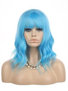 lot 186234 image: eNilecor Blue Wig Short Curly Bob Wigs with Air Bangs 14 Natural Colored Synthetic Wigs for Women