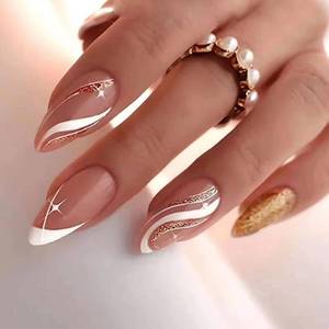 lot 186240 image: Press on Nails Medium Length Almond Glue on Nails Full Cover Glitter Design Swirl Fake Nails Cute False Nails for Women Gifts Reusable Full Cover Gel Nails-24Pcs