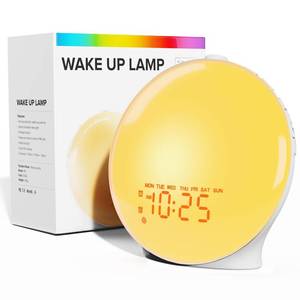 lot 186250 image: Wake Up Light Sunrise Alarm Clock for Bedroom, with 5W Stereo Bluetooth Speaker, Sunrise Simulation, SleepTimer, Dual Alarms, FM Radio, 17 Colors, 25 Soothing Sounds, Ideal Gift for Baby, Kids, Adults