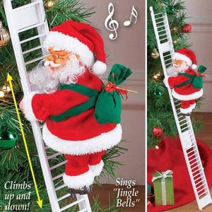 lot 186259 image: Electric Santa Climbing Up and Down Tree with Music, Bag of Presents - Holiday Decor for Home, Door, Wall - Xmas Ornament