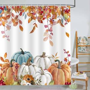 lot 186262 image: PAOPOED Fall Pumpkin Shower Curtain, Thanksgiving Autumn Maple Leaves Watercolor Floral Harvest Boho Bathroom Curtains with Hooks for Bathroom Bathtubs Decor, Waterproof Polyester Fabric 72x72