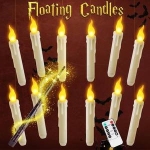 lot 186264 image: Qmioti Floating Candles with Wand Timer Remote Control - 12 Pack Flickering Warm Light LED Candle, Halloween Decorations for Indoor Outdoor Home Room, Party, Birthday, Wedding (White)