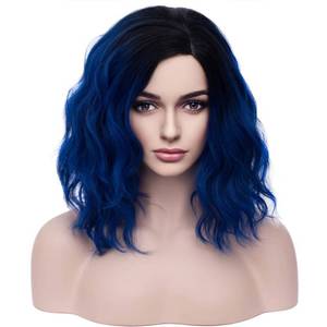 lot 186267 image: BERON Black and Blue Wigs for Women Girls Short Curly Bob Wavy Hair Wig Ombre Dark Blue Body Wave Heat Resistant Synthetic Cosplay Daily Party Wigs