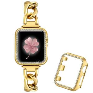 lot 186271 image: Dilando Cool Chain Metal Link Bands Compatible with Apple Watch 42mm 44mm 45mm Women Men with Bling Case, Gold Stainless Steel Band with Diamond Case for Iwatch SE Series 8 7 6 5 4 3 2 1 (Gold, 42mm)