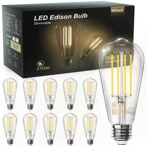 lot 186284 image: TJOY 10 Pack Vintage 8W ST58 LED Edison Light Bulbs 60W Equivalent, 800Lumens, 2700K Warm White, Dimmable, E26 Base LED Filament Bulbs, CRI80, Antique Glass Style for Home, Bedroom, Office, Farmhouse