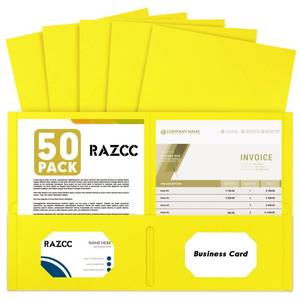 lot 186285 image: Two Pocket Folders, RAZCC 50 Pack 2 Pocket Folders Fit Letter Size Paper, Paper Folders with Pockets for School Office Business Home, Yellow