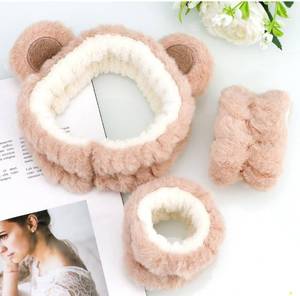 lot 186337 image: Canitor Face Wash Headband with Wrist Towels - Soft Coral Fleece Spa Makeup Headband, Cute Animal Elastic Skincare Design with Bear Ears
