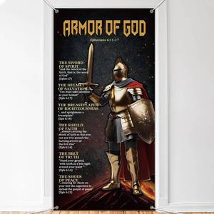 lot 186350 image: Blulu Armor of God Door Cover 71 x 35 Inch Armor Knight Door Banner Fabric Medieval Themed Door Sign Christian Catholic Knight Photo Background with Rope for Medieval Party Indoor Outdoor Decor
