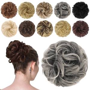 lot 186394 image: FESHFEN Messy Hair Bun Hair Pieces Elastic Wavy Curly Hair Bun Scrunchies Extensions Synthetic Chignon Hairpieces for Women Girls, Gray and White Tips 1 PCS
