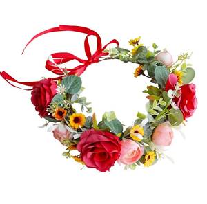 lot 186395 image: LLinfflr Women Floral Crown Rose Floral Headband Hair Wreath Flower Headpiece Halo Boho Party Prom Wedding Photos Red
