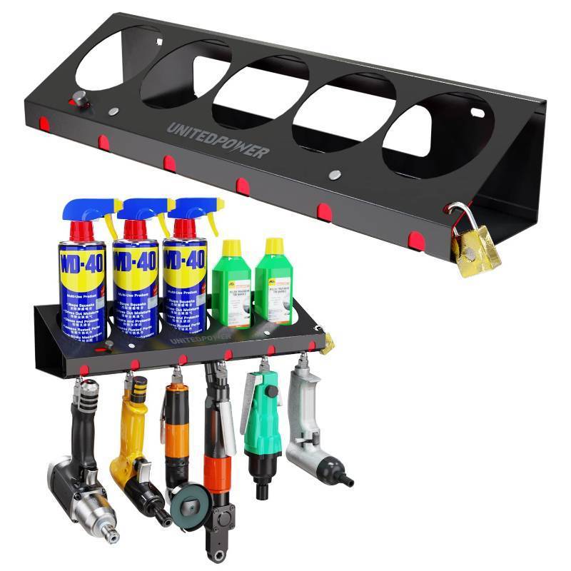 lot 23332 image: UNITEDPOWER Pneumatic Tool Holder LockableAerosol Rack Combo, Wall Mounted Spray Can Bottle Holder, Air tool organizer, for Garage and Workspace, 5 Cans and 6 slots
