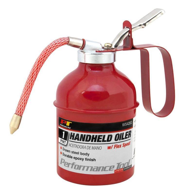 lot 23399 image: Performance Tool W54263 Heavy Duty 1 Pint Oil Can with Drawn Steel Body and Epoxy Finish - Black item - Nozzle hose not included