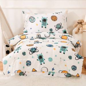 lot 9707 image: JSD Blue Astronaut Toddler Bedding Set, 4 Piece Space Theme Rocket Bed-in-a-Bag Toddler Comforter Sheet Set, Machine Washable