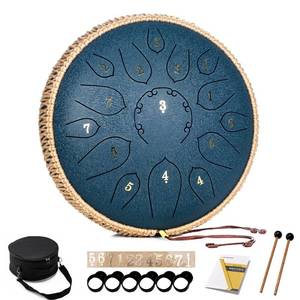 lot 9717 image: HOPWELL Steel Tongue Drum - 15 Note 12 Inch Tongue Drums - Percussion Instruments - Hand Pan Drum with Music Book, Drum Mallets and Carry Bag, D Major, Navy Blue